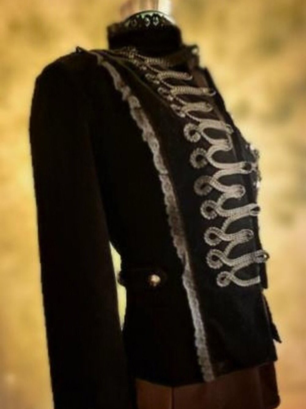 Black Velvet Military Jacket with Braided Trim & Silver Buttons - Picture 3 of 9